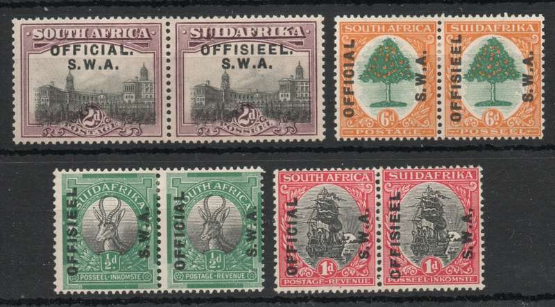 South West Africa 1929 Officials set of 4 pairs lightly mounted mint. SACC 9-12. Cat R72 (2025)