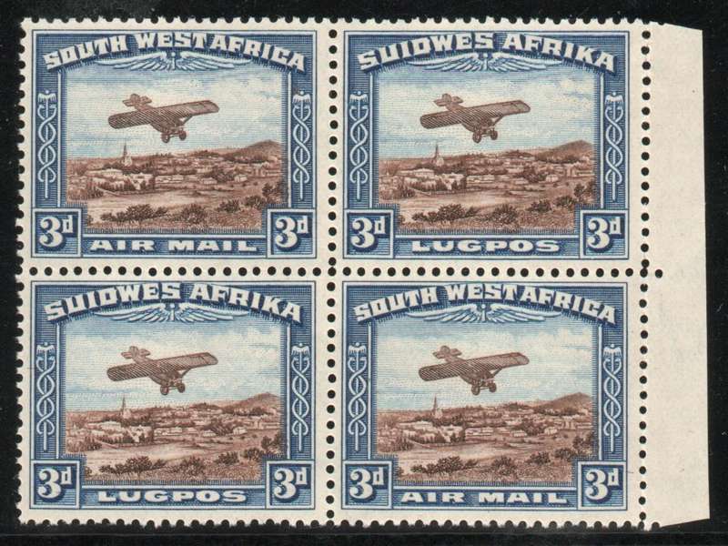 South West Africa 1931 Airmail Issue 3d block of 4 unmounted mint. SACC 101. Cat R2400 (2025)