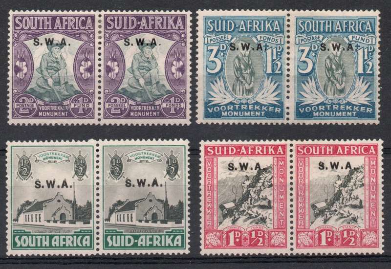 South West Africa 1935-36 Voortrekker Memorial Fund set 4 pairs mint. SACC 119-122. Cat R900 (2025)