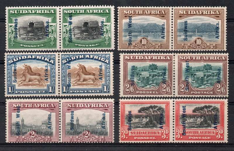 South West Africa 1926-27 Pictorials of South Africa ovptd set of 6 prs mm. SACC 75-80. Cat R8710