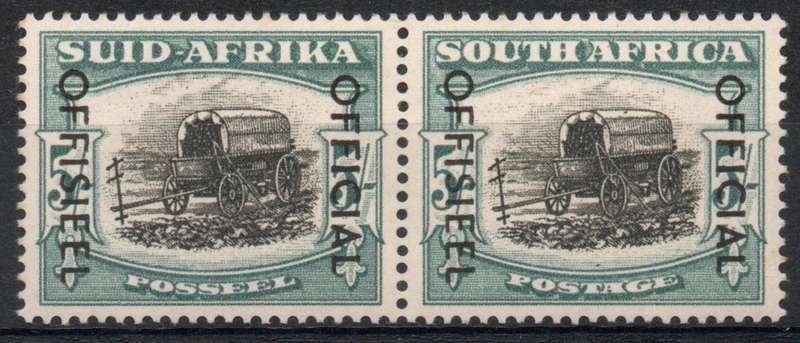 South Africa 1950-54 Official 5/- black & pale blue green pair lmm. SACC 48b. Cat R1400 as umm