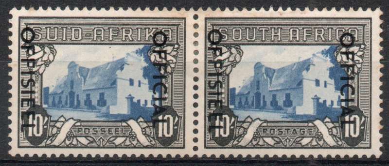 South Africa 1950-54 Official 10/- blue & charcoal pair mounted mint. SACC 49. Cat R1600 (2025)