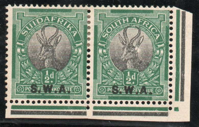 South West Africa 1927-30 Definitive ½d control pair mounted mint. SACC 81. Cat R350 (2025)