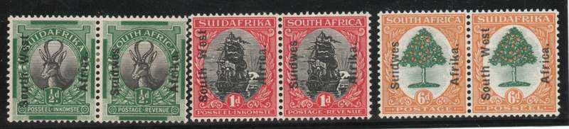South West Africa 1927 Definitive set of 3 pairs mounted mint. SACC 67-69. Cat R270 (2025)