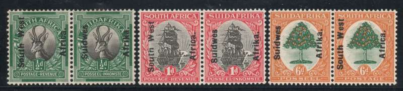 South West Africa 1926 London Pictorials set of 3 pairs mounted mint. SACC 64-66. Cat R570 (2025)