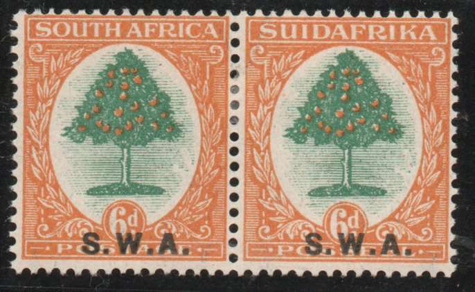 South West Africa 1927-30 Definitive 6d pair lightly mounted mint. SACC 86. Cat R280 (2025)