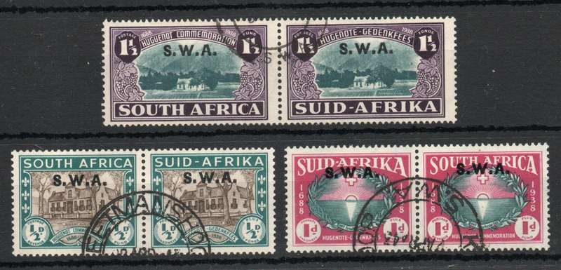 South West Africa 1939 `250th Anniv of Huguenots landing` set of 3 pairs vfu. SACC 138-140. Cat R900