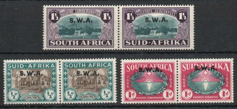 South West Africa 1939 `250th Anniv of Huguenots` set of 3 pairs lmm. SACC 138-140. Cat R155 as umm.