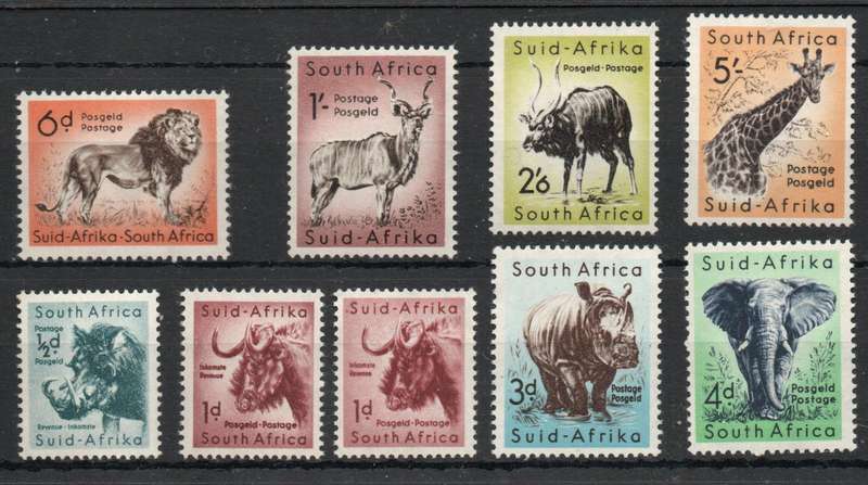 South Africa 1959-61 Animal Definitive set of 8 + extra 1d mounted mint. SACC 169-176. Cat R905.