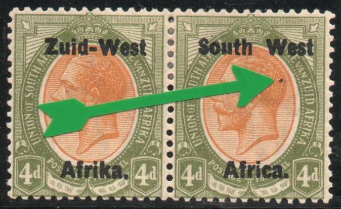 South West Africa 1923 KGV 4d pair lmm with black dot behind head variety. SACC 5. Cat R470 (2025)