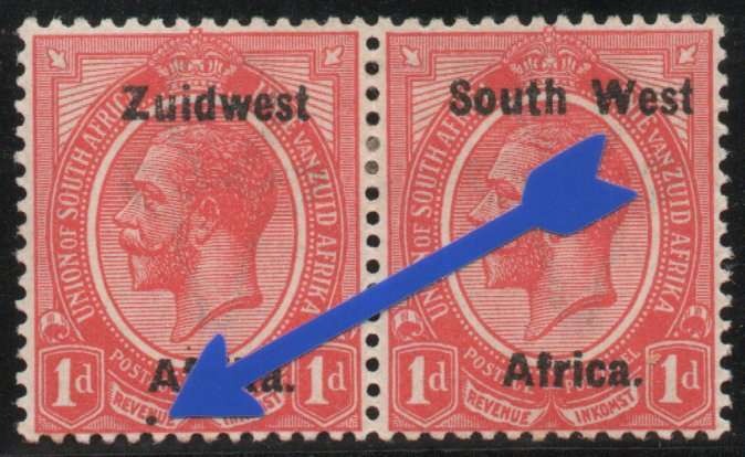 South West Africa 1924 KGV 1d pair lmm with black dot in "revenue". SACC 27. Cat R200 (2025)