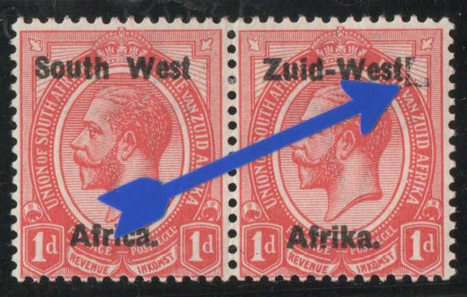 South West Africa 1923 KGV 1d pair lmm with var "printers bracket" behind letter "t". SACC 2v.