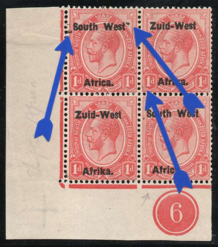 South West Africa 1923 1d Plate number corner block of 4 mounted in margin. SACC 2. Cat R2020 (2025)