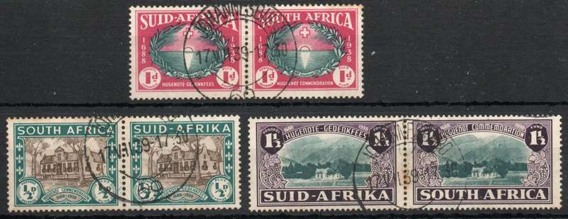 South Africa 1939 250th Anniversary of Hugenot Landing set of 3 prs use. SACC 81-83. Cat R550 (2025)