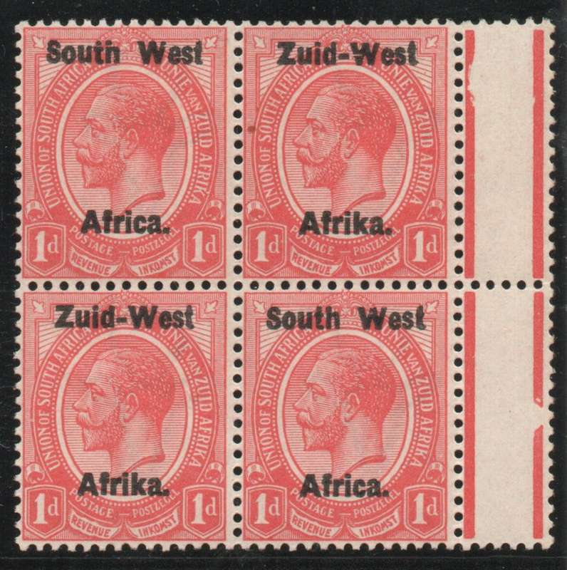 South West Africa 1923 KGV 1d block of 4 umm with broken jubilee line. SACC 2. Cat R440 (2025)