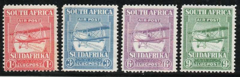 South Africa 1925 1st Airmail issue set of 4 mint no gum (3d - 9d). SACC 25-28. Cat R800 as mm(2025)