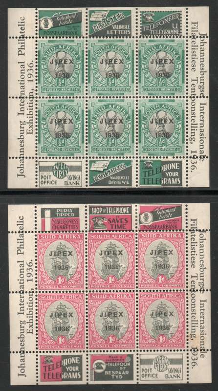 South Africa 1936 JIPEX ½d & 1d sheetlets of 6 hinged in top selvage. SACC 68-69. Cat R 260 for umm.