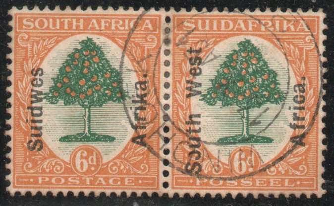 South West Africa 1927 Pictorial 6d pair Afr on Eng very fine used. SACC 69. Cat R350 (2025)