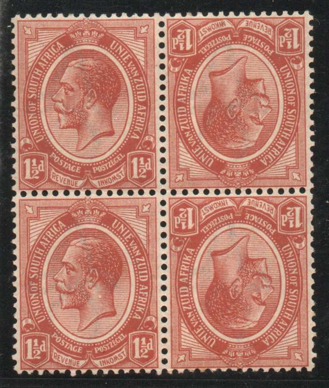 South Africa 1913 KGV Definitive 1½d tête-bêche block of 2 pairs umm. SACC 4b. Cat R160 (2023-25)