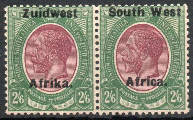 South West Africa 1923 KGV 2/6d pair lightly mounted mint. SACC 23. Cat R2000 (2025)