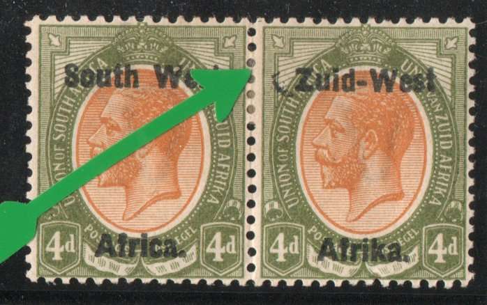 South West Africa 1923 KGV 4d pair lightly mounted mint with "half moon" var SACC 5. Cat R470 (2025)