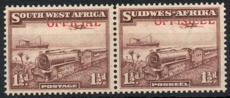 South West Africa 1945-50 Official 1½d pair purple brown mounted mint. SACC 20. Cat R550 (2025)
