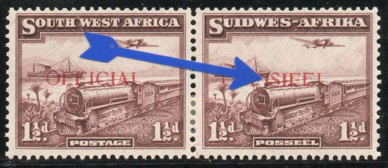 South West Africa 1938 Official 1½d pair purple brown ovpt shifted down lmm SACC 17. Cat R600 (2025)