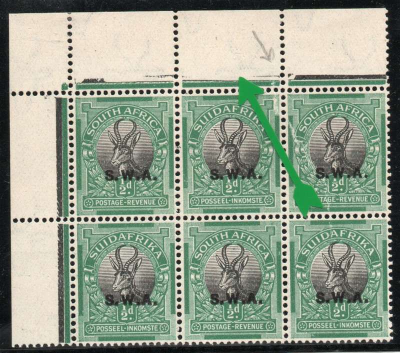South West Africa 1927-30 Definitive ½d block of 6 mint with missing Jubilee line variety. SACC 81b