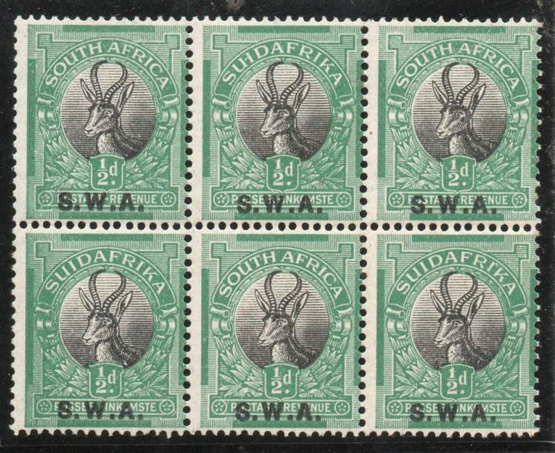 South West Africa 1927-30 London Pictorial ½d block of 6 unmounted mint. SACC 81. Cat R240+ (2025)
