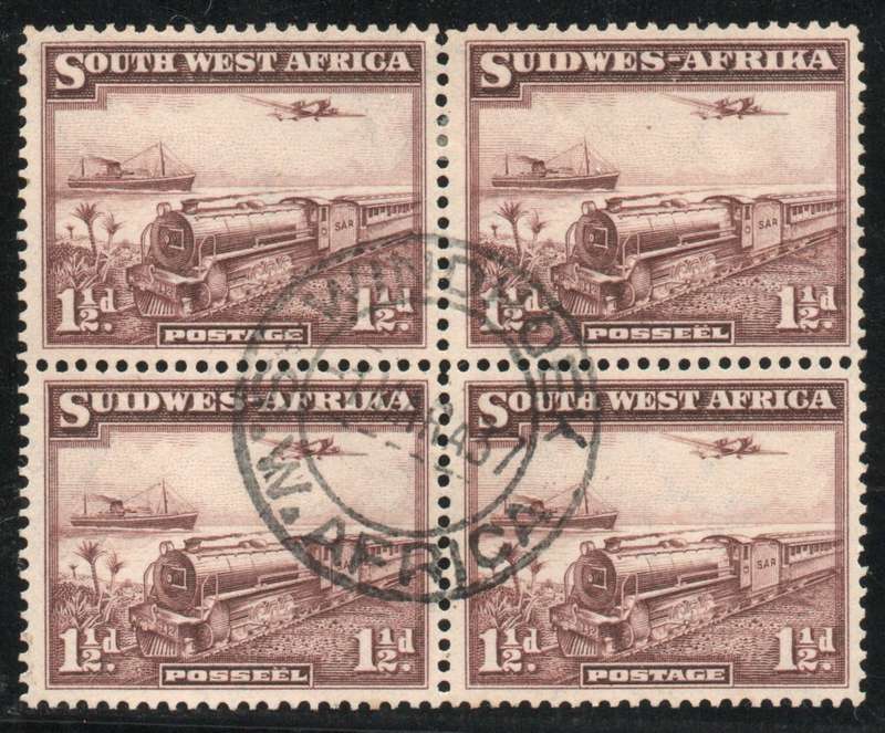 South West Africa 1937 Add value 1½d inscriptional block of 4 used. SACC 123. Cat R140 (2025)
