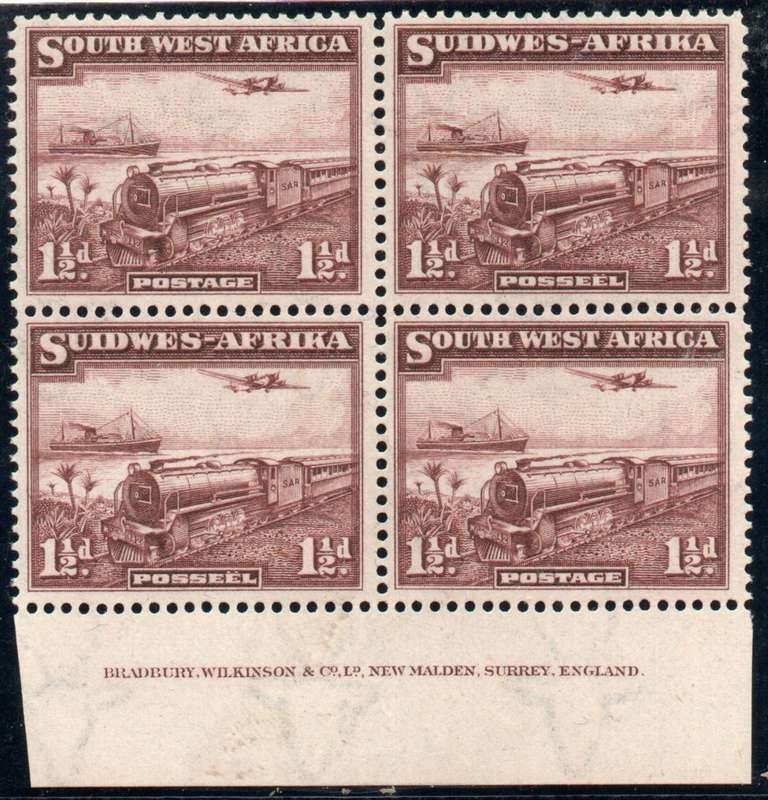 South West Africa 1937 Add value 1½d inscriptional block of 4 mint. SACC 123. Cat R1350 (2025)