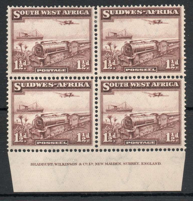 South West Africa 1937 Add value 1½d inscriptional block of 4 mint. SACC 123. Cat R1350 (2025)