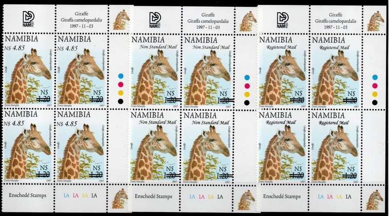 Namibia 2007 Surcharges to Defin set of 9 in control blocks of 4 umm. SACC 578-586. Cat R4200 (2025)