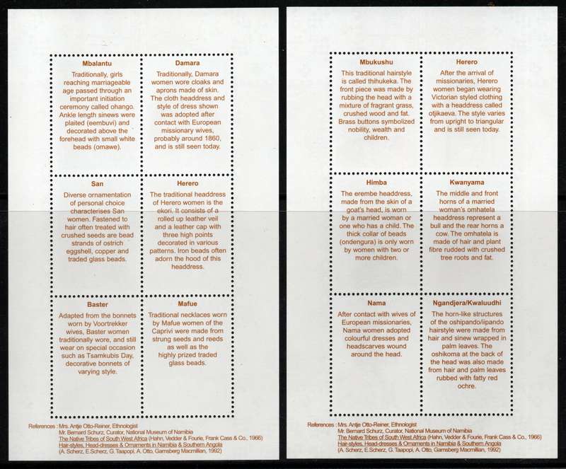 Namibia 2002 Traditional Women of Namibia set of 2 sheets of 6 umm. SACC 389-390. Cat R200 (2023-25)