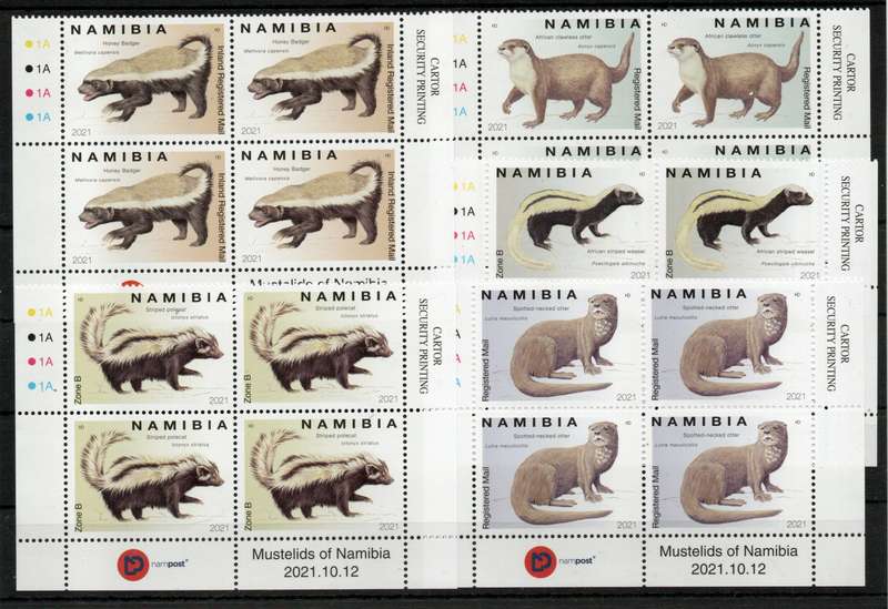 Namibia 2021 Mustelids of Namibia set of 5 in control blocks of 4 umm SACC 935-939. Cat R840+ (2025)