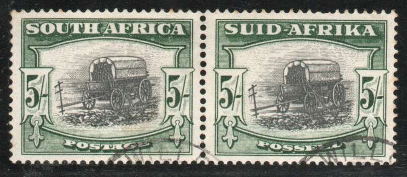 South Africa 1947-54 Screened Pict 5/- black & deep yellow-green pair fine used. SACC 121a Cat R1500