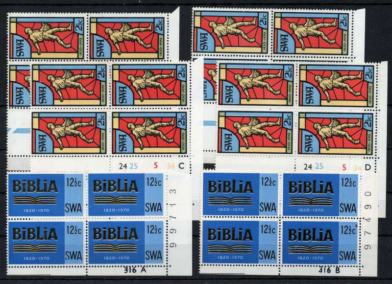 South West Africa 1970 150th Anniv SA Bible Society set of 2 in 6 control blocks umm.  SACC 238-239a