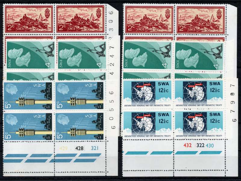 South West Africa 1971 10th Anniv of RSA set 4 in 6 contr bl's of 4 umm. SACC 240-3 Cat R3250 (2025)