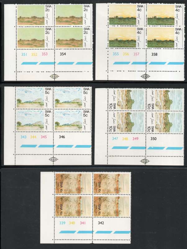 South West Africa 1973 Jentsch Paintings set 5 in contr blocks of 4 umm. SACC 245-9. Cat R360 (2025)