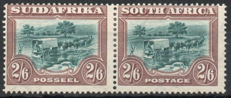 South Africa 1927 London Pictorial 2/6d green & brown pair mounted mint. SACC 37. Cat R4000 (2025)
