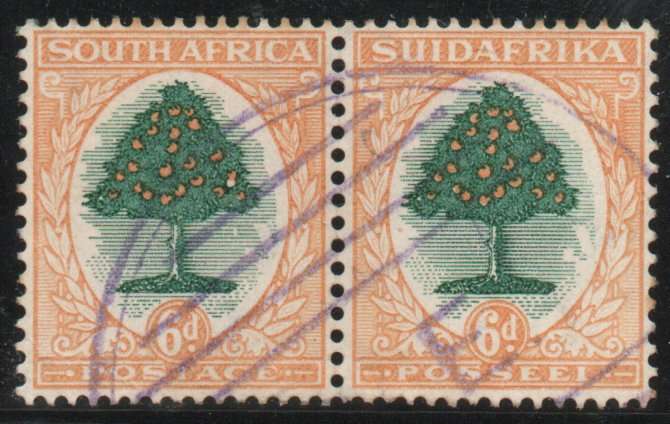 South Africa 1930-45 Defin 6d pair inverted wmk vfu with white orange var. SACC 48. Cat R50+ (2025)