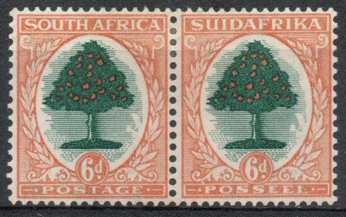 South Africa 1930-45 Defin 6d pair green & orange inverted wmk lmm. SACC 48. Cat R300 (2025)