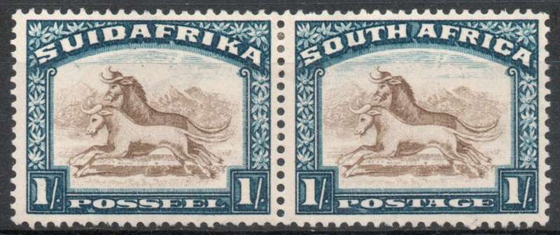 South Africa 1930-45 Defin 1/- pair yellow brown & blue inverted wmk lmm. SACC 49b. Cat R500 (2025)