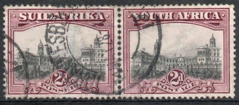 South Africa 1927 London Pictorial 2d pair grey & purple very fine used. SACC 33. Cat R100 (2025)