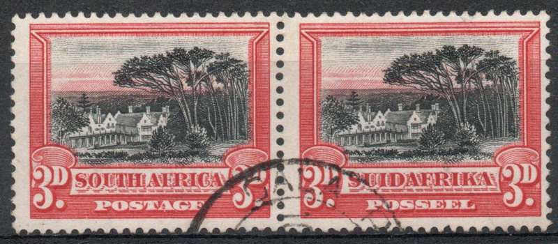 South Africa 1927 London Pictorial 3d pair black & red very fine used. SACC 34. Cat R250 (2025)