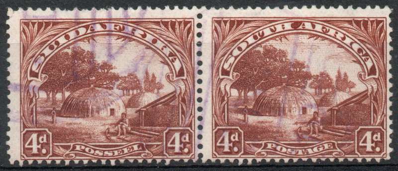 South Africa 1927 London Pictorial 4d brown pair perf down very fine used. SACC 35a. Cat R900 (2025)