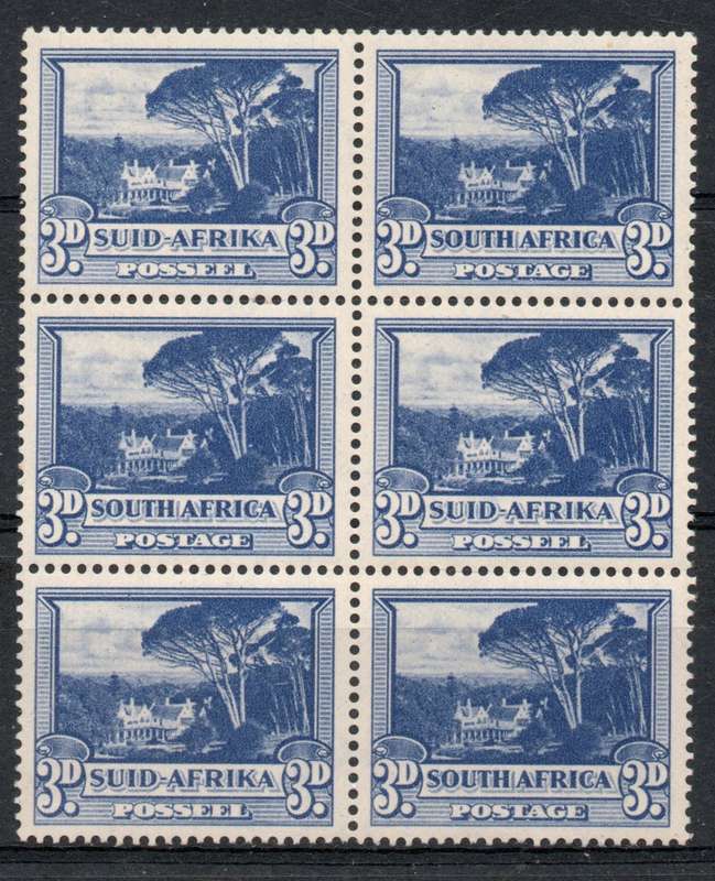 South Africa 1933-48 Definitive 3d ultramarine block of 6 unmounted mint. SACC 59. Cat R900 (2025)