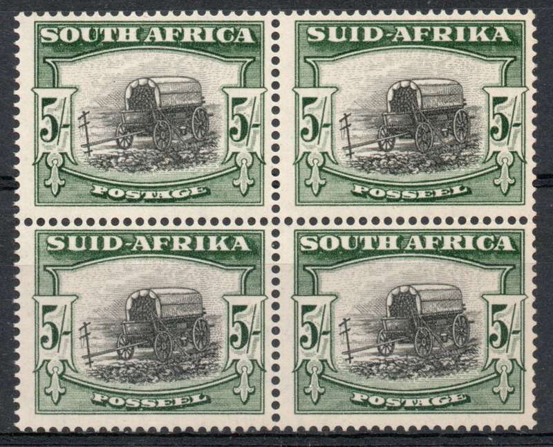 South Africa 1947-54 Definitive Screened Pictorial 5/- block of 4 umm. SACC 121. Cat R3000 (2025)