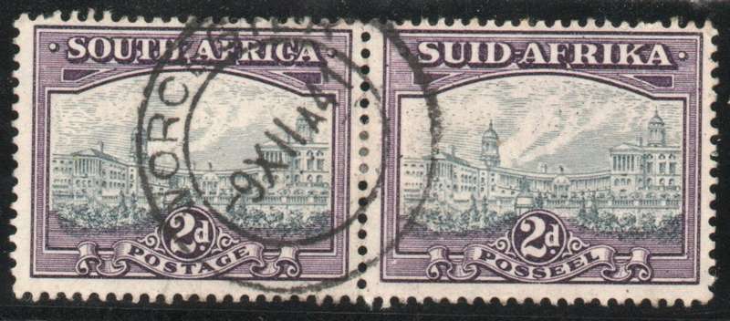 South Africa 1933-48 Definitive 2d grey & dull purple pair very fine used. SACC 58a. Cat R600 (2025)