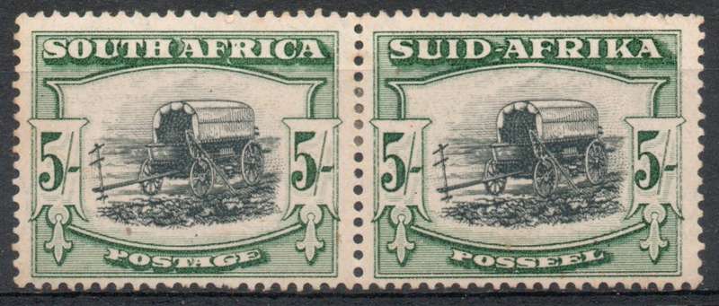 South Africa 1933-48 Definitive 5/- pair black & green inverted wmk mm. SACC 62b. Cat R1700 (2025)